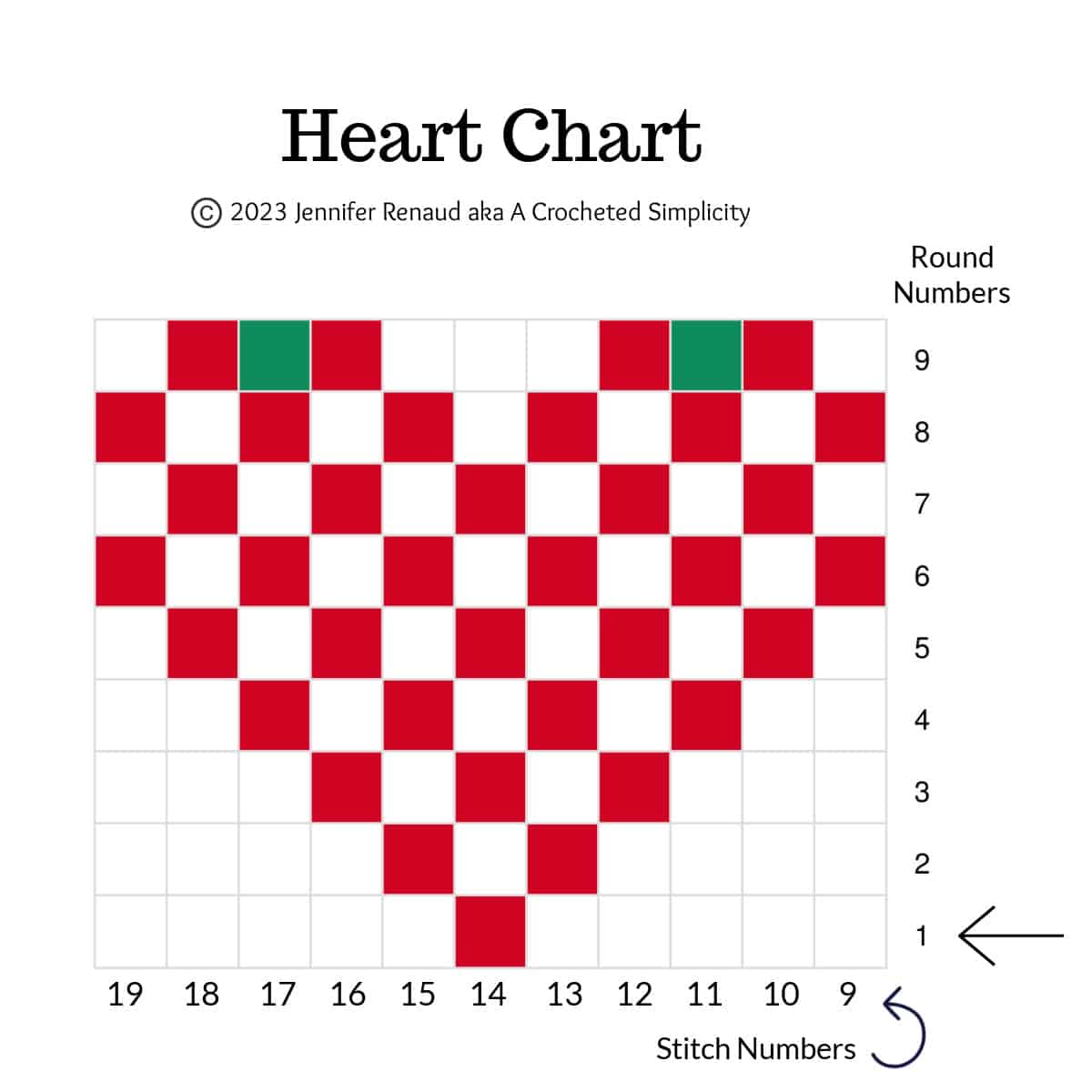 Color chart for a crochet heart for a Valentine's treat bag.