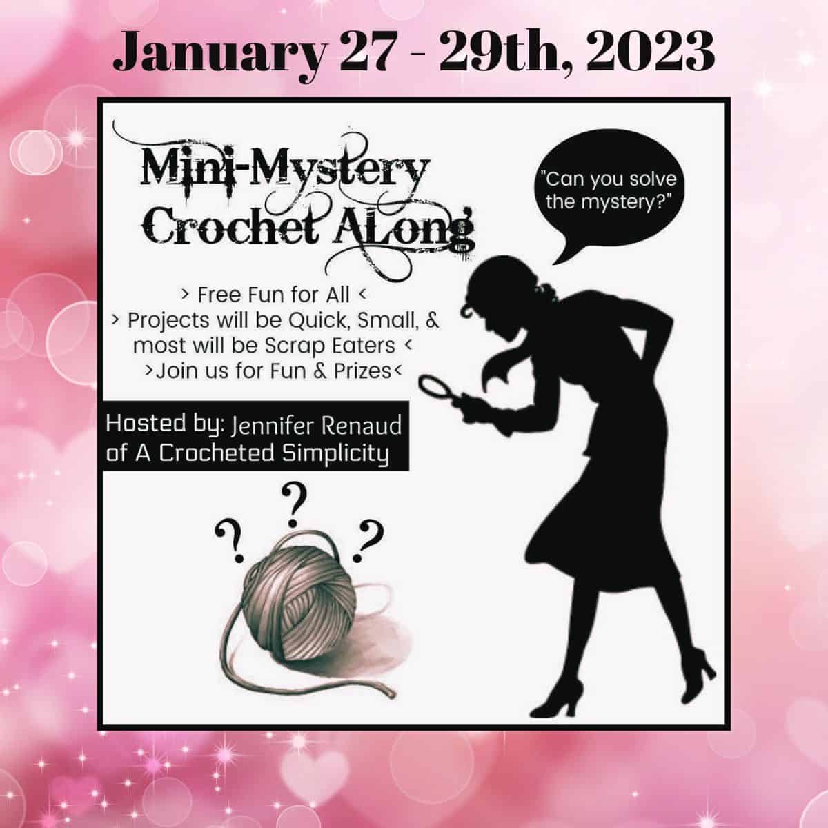 Mystery crochet along graphic with shimmery pink background with hearts.