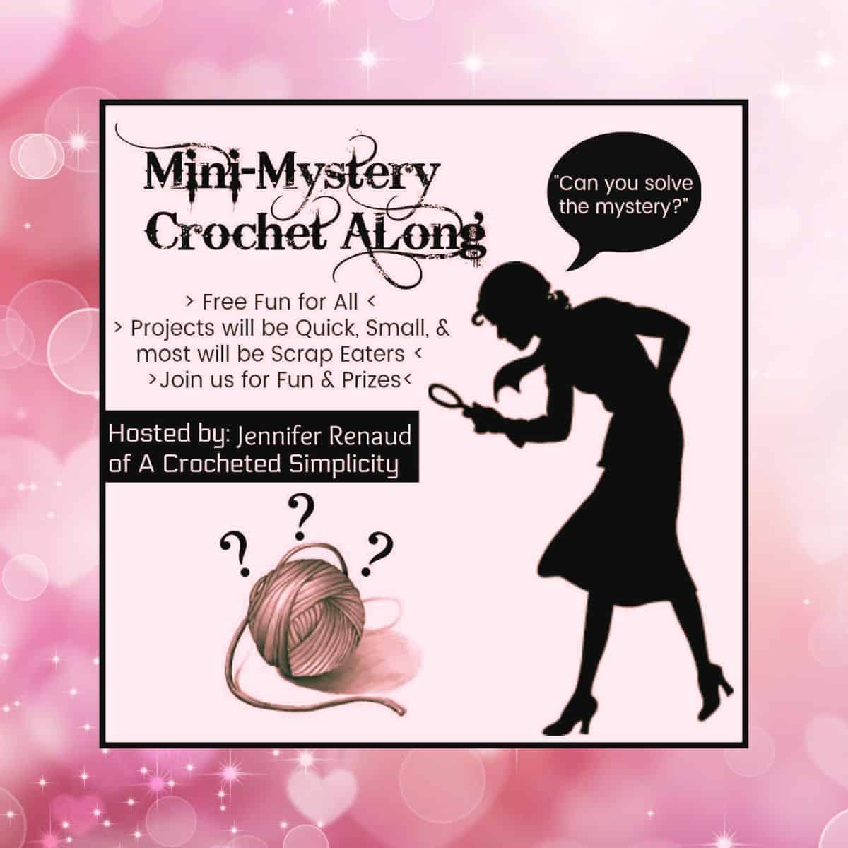 Mystery crochet along graphic with shimmery pink background with hearts.