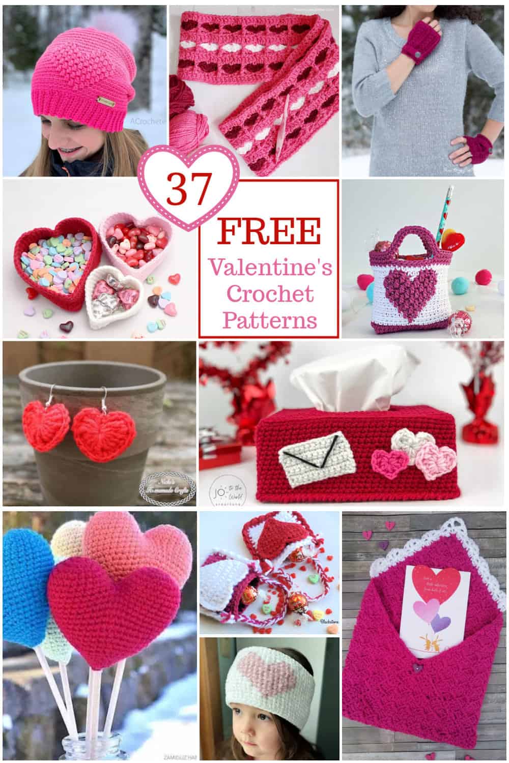 Valentine's crochet patterns such as heart earrings, crochet treat bags, heart nesting bowls, head warmers, mittens and more.