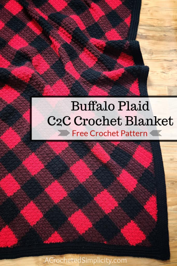 Close-up of the completed c2c crochet buffalo plaid blanket.