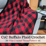 Traditional red and black crocheted buffalo plaid blanket draped over a couch.