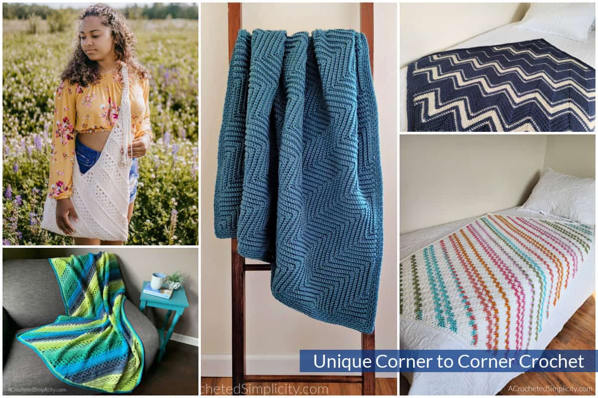 Collage of corner to corner crochet ideas that use different c2c stitches.