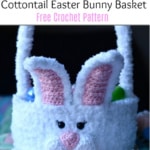 Crochet Easter Bunny basket sitting on kids quilt.