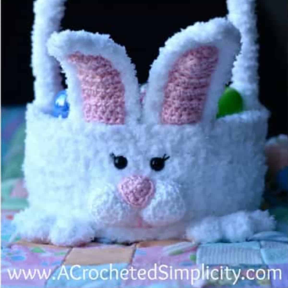 Close up of a crochet Easter bunny basket.