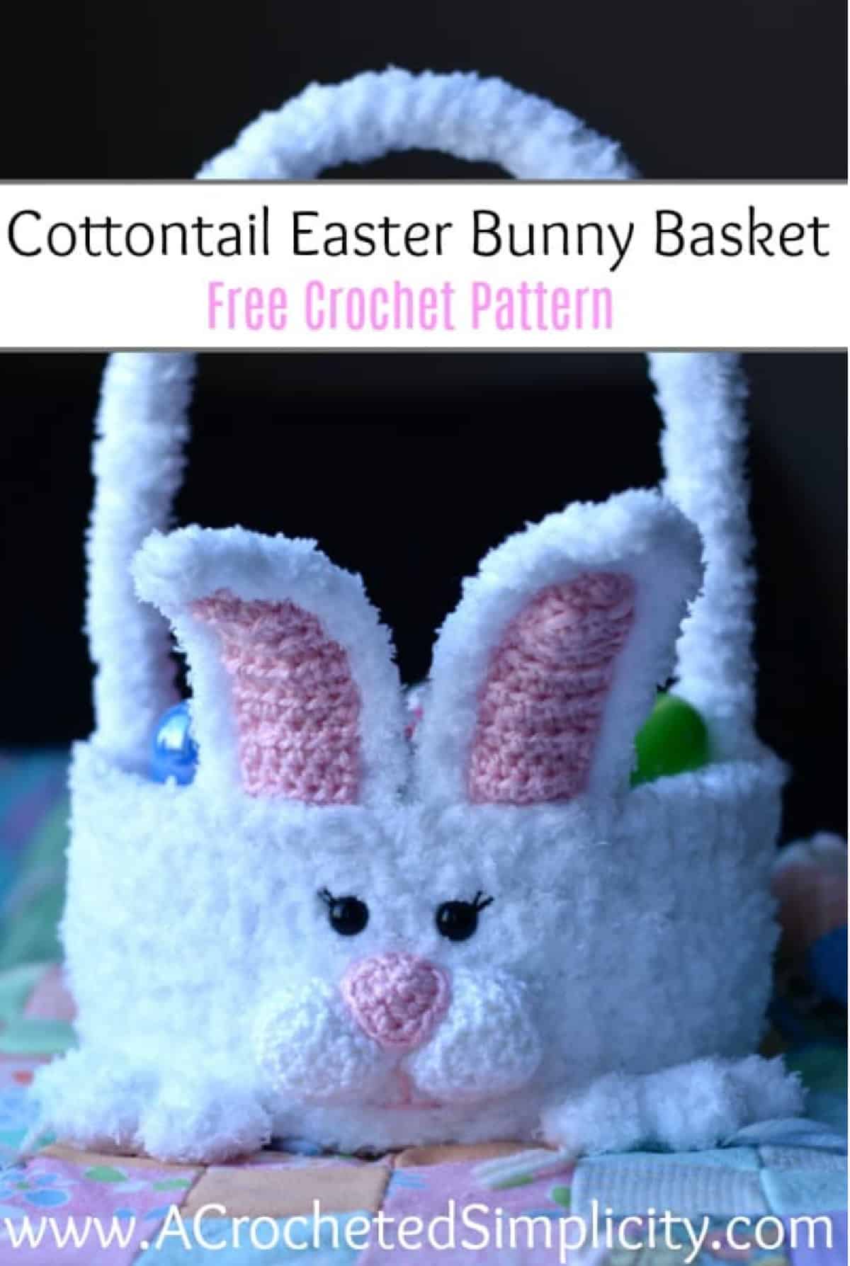 Crochet Easter Bunny basket sitting on kids quilt.