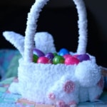 Crochet bunny feet & fluffy tail on basket