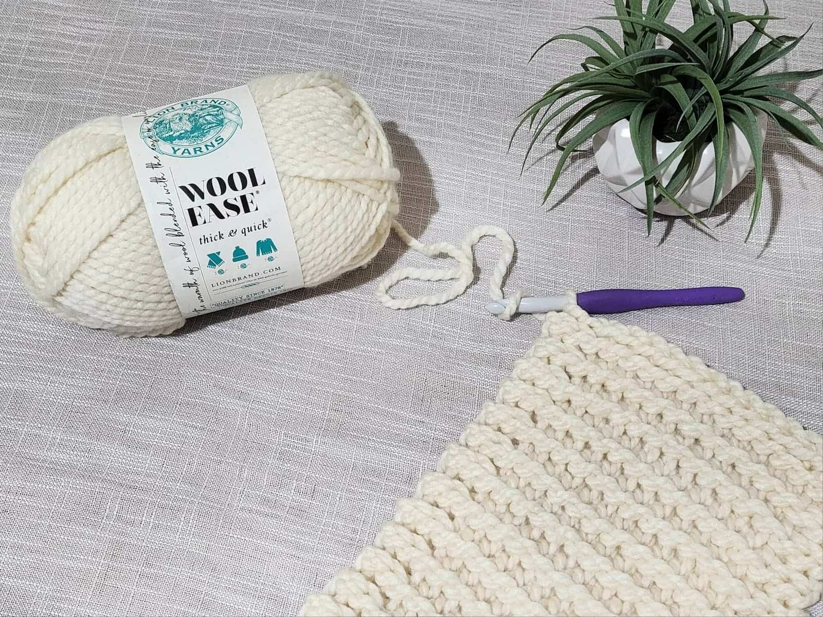 This image shows a ball of super bulky yarn in cream with a small potted plant.