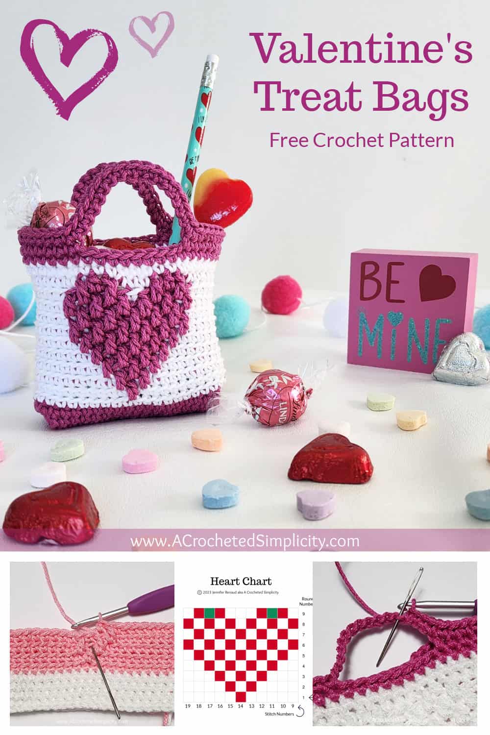 Pinterest graphic for valentines treat bags with heart chart and tutorial pictures.