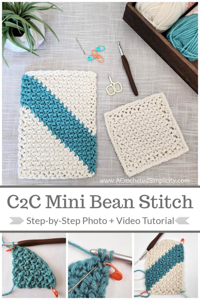 Corner to corner mini bean stitch crochet stitch tutorial.