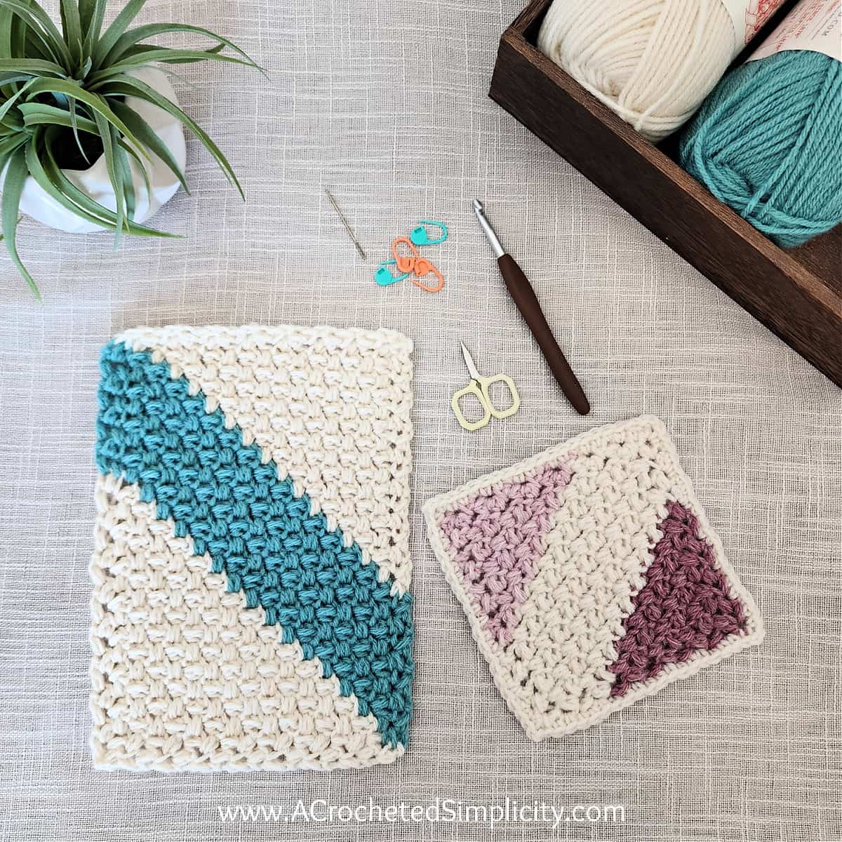 Image is of a c2c rectangle and square crocheted using the mini bean stitch and working color changes.