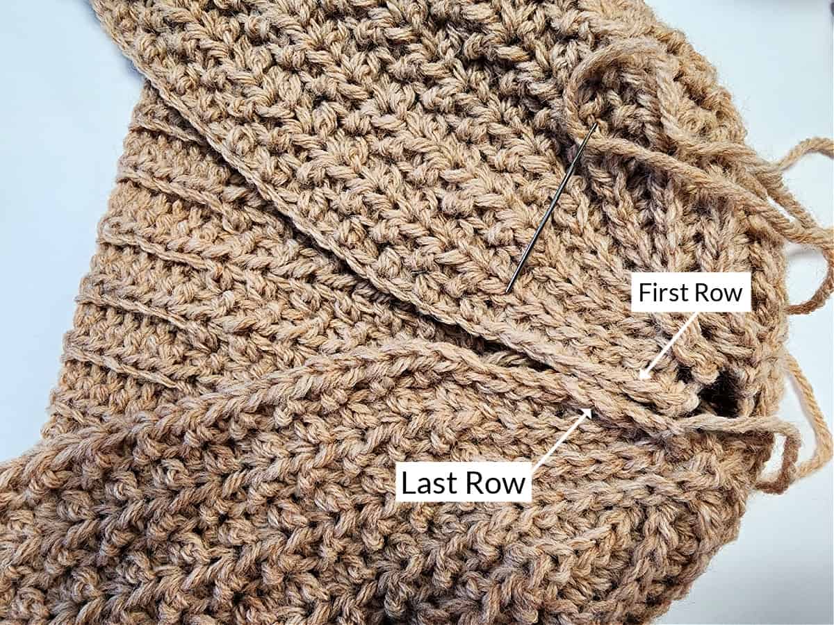 This photo is showing how to seam a short row crochet hat.