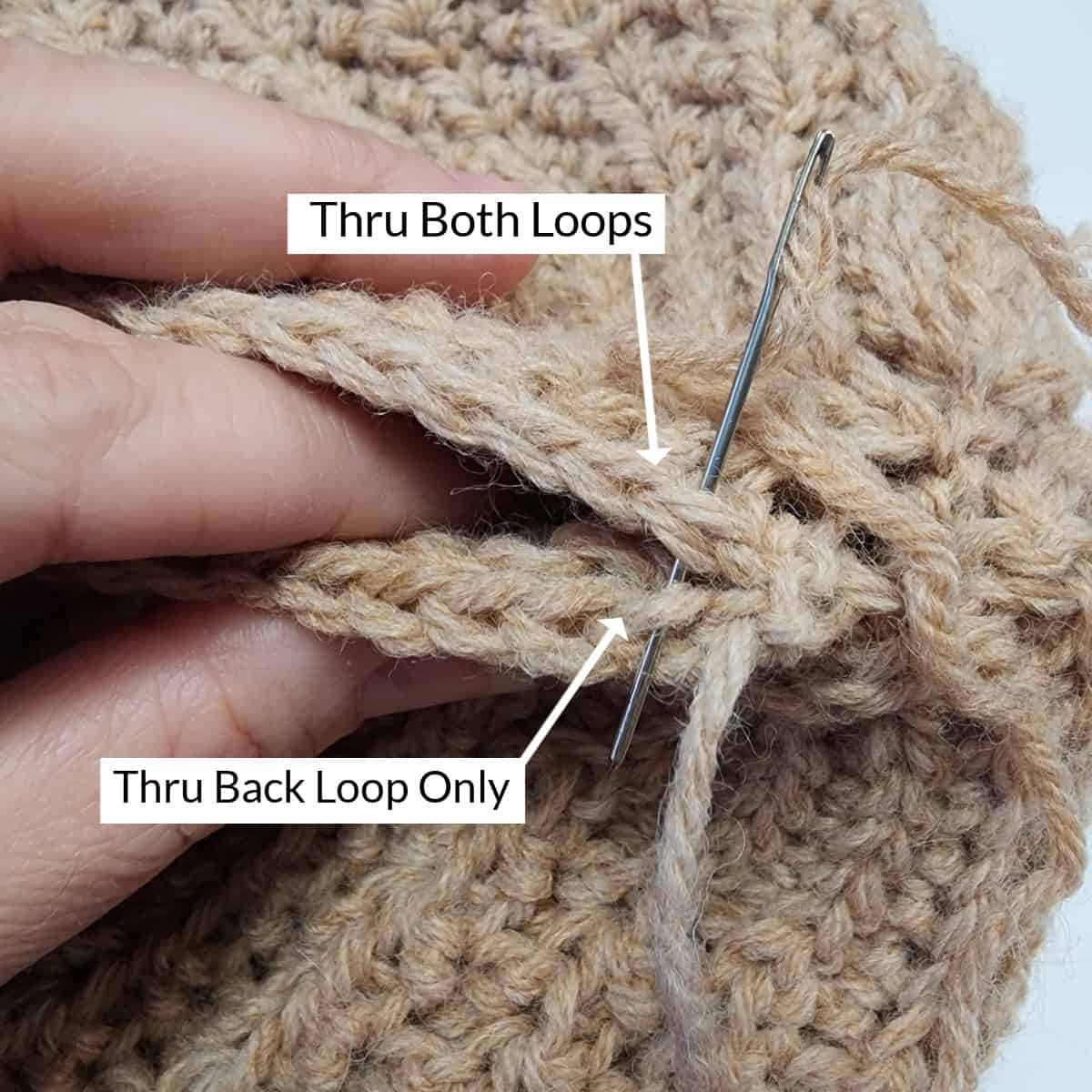 Graphic arrow pointing to the loops to work the crochet seam on the hat.