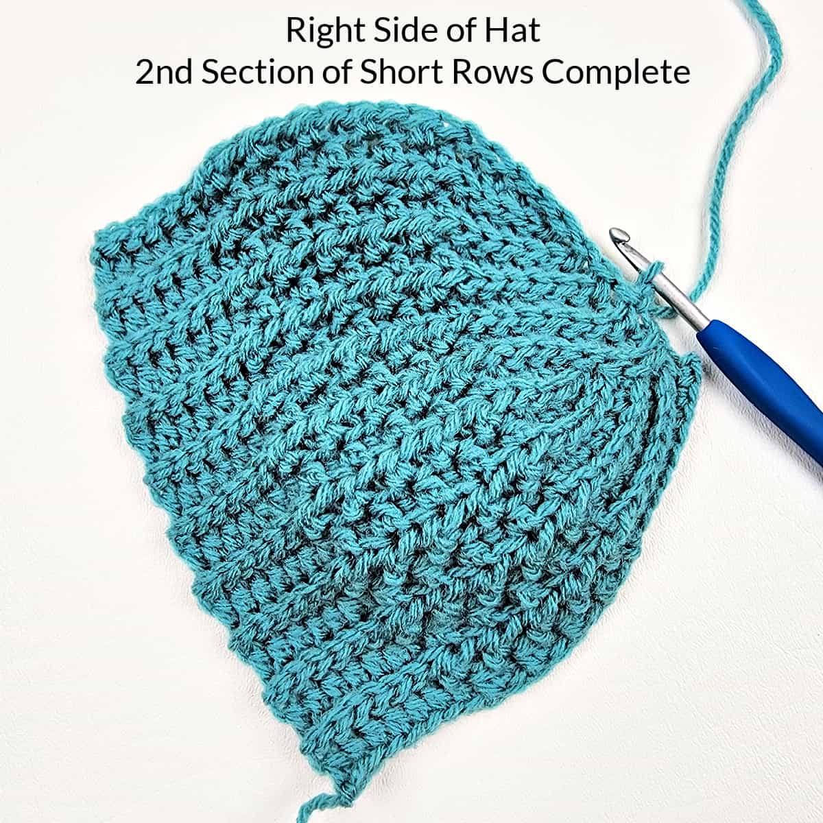 Two complete sections of an easy crochet short row hat.