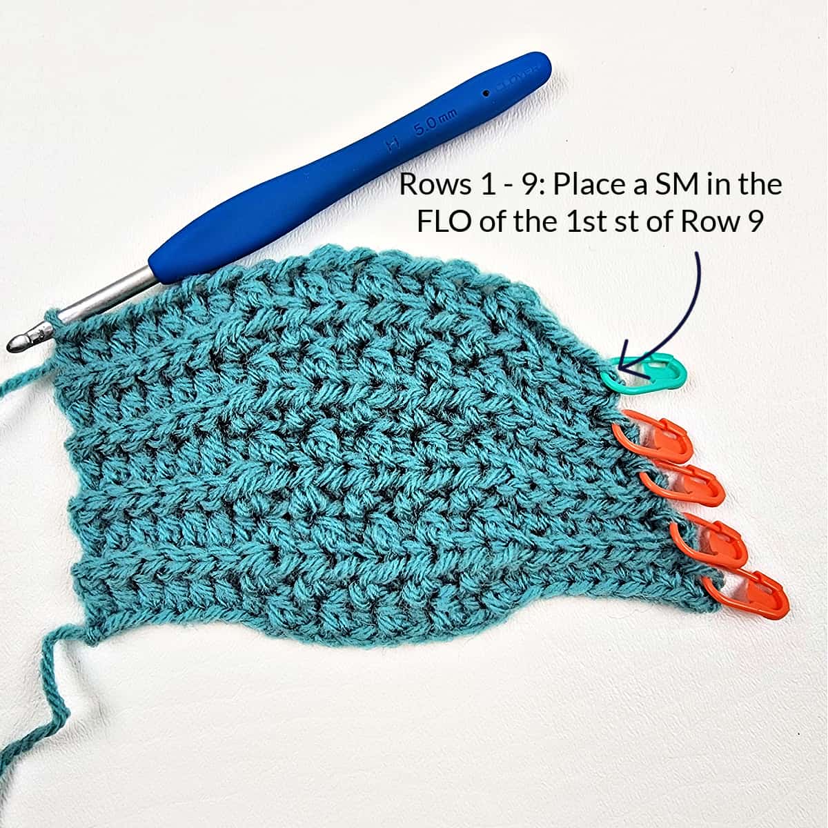 Place a stitch marker in the first stitch of row nine.