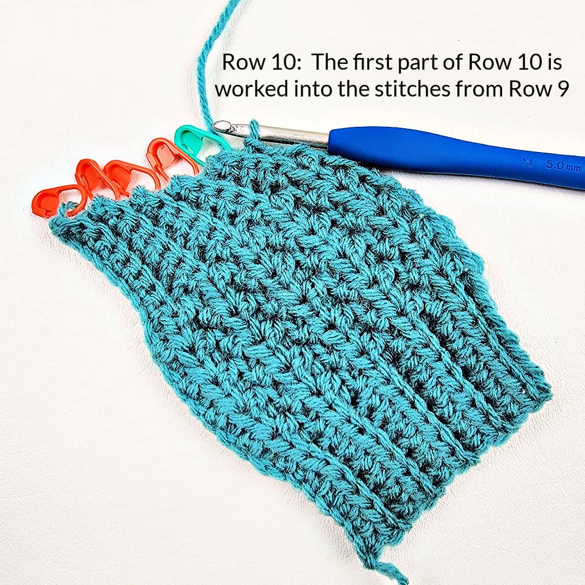The first stitch of row ten is worked into the stitches from row nine.