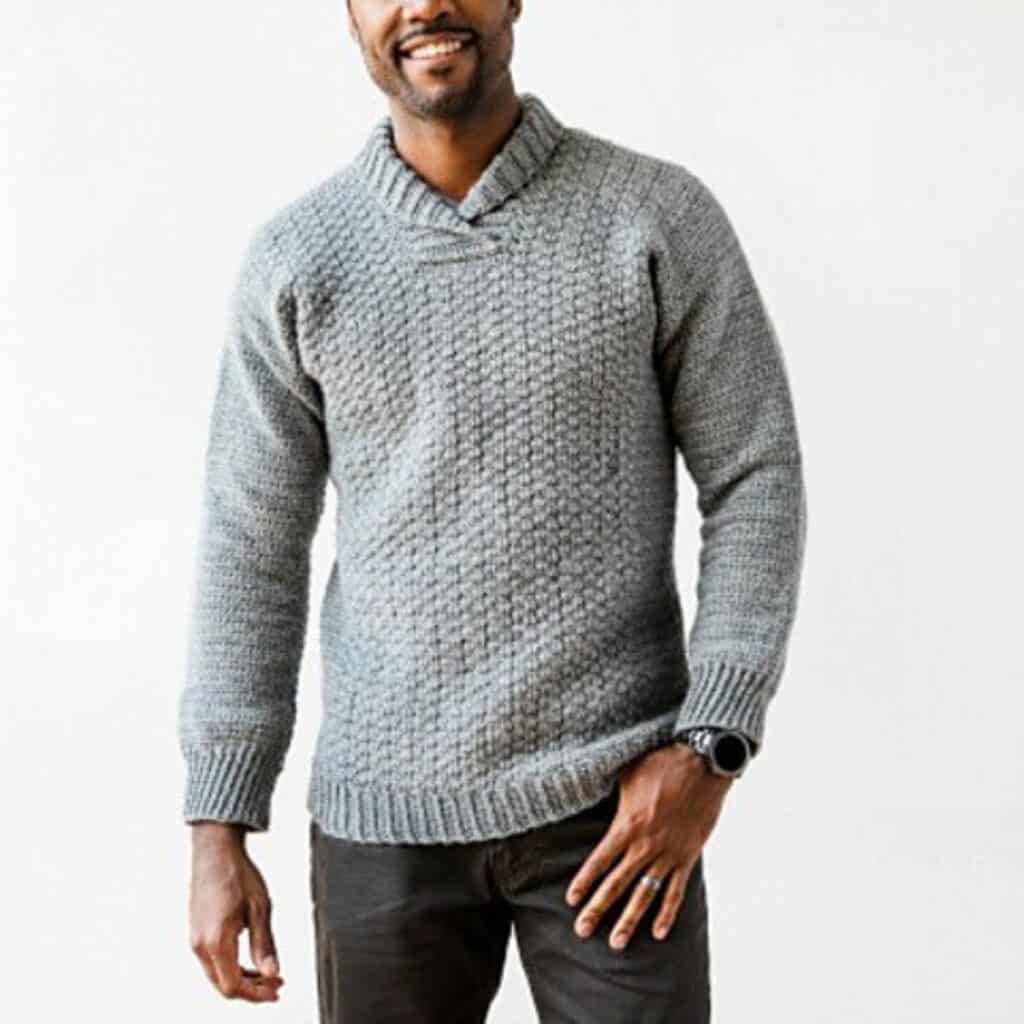 Light grey crochet mens sweater with a shawl collar.