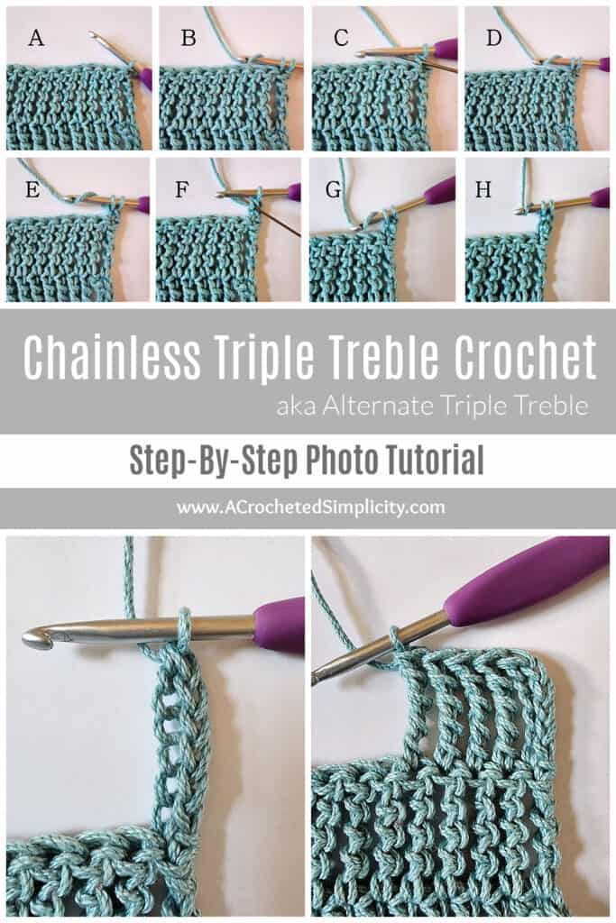 Chainless triple treble crochet stitch step by step photo tutorial.