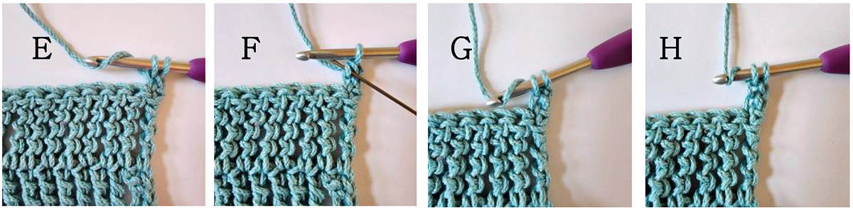 Yarn needle showing where to insert hook in next step to crochet a chainless triple treble crochet stitch.