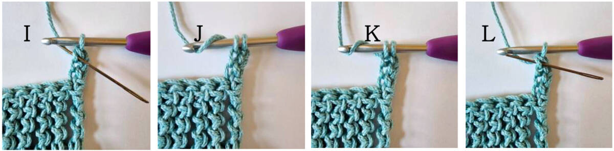 Blue green yarn showing how to crochet a chainless triple treble.