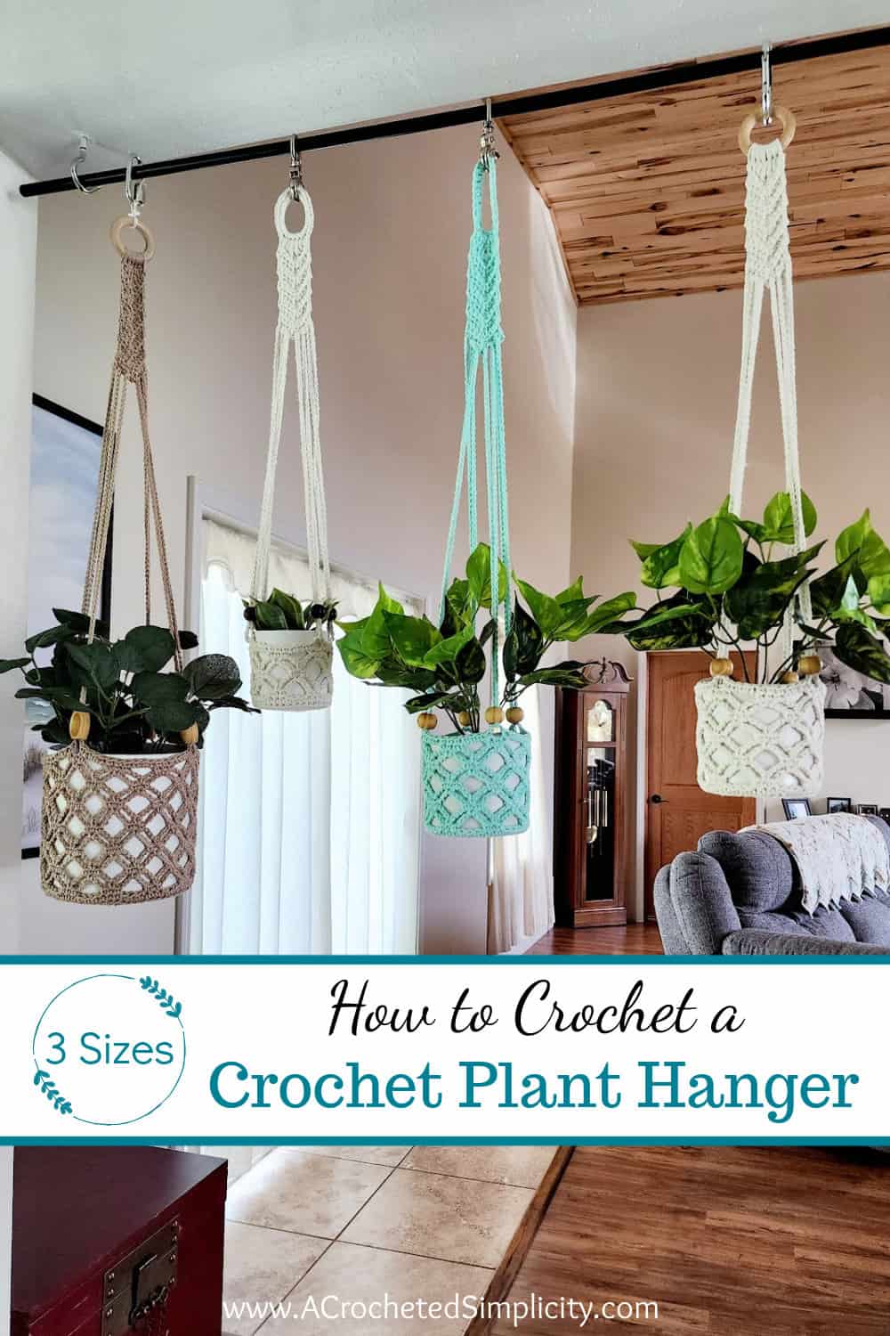 This photo shows 4 different crochet plant hangers in different colors and sizes.