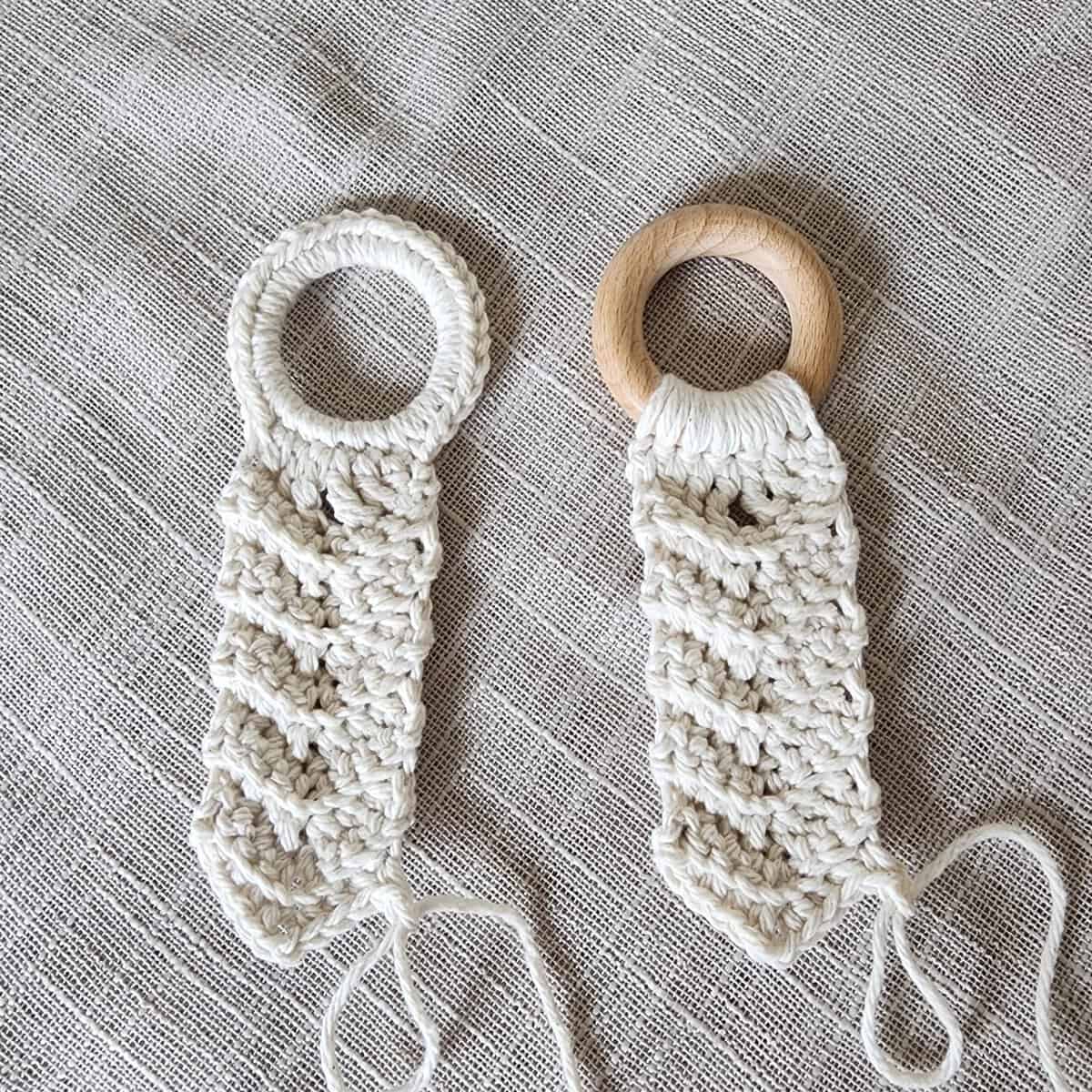 Two plant hanger ring and hanging strap options, one all yarn and the other yarn and wooden ring.