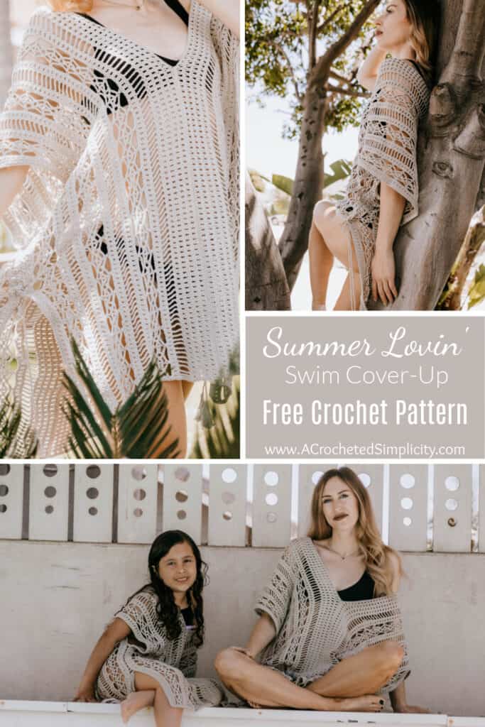 Woman and young girl modeling a crochet swim cover up.