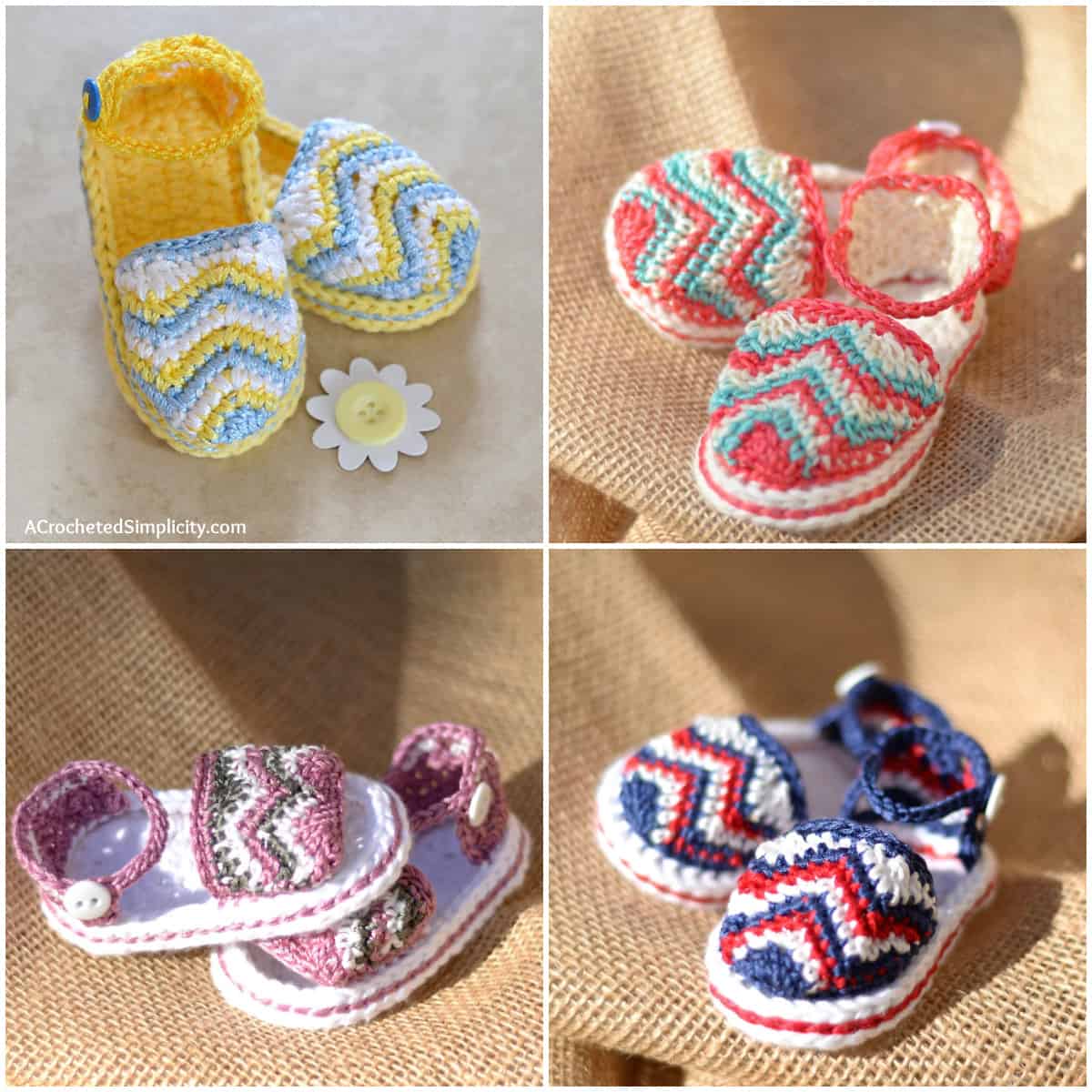 4 pair of chevron crochet baby sandals on burlap sack
