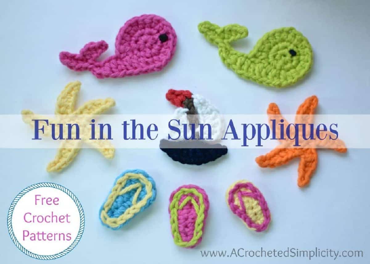 crochet appliques for summer whales, starfish, flip flops, sailboat