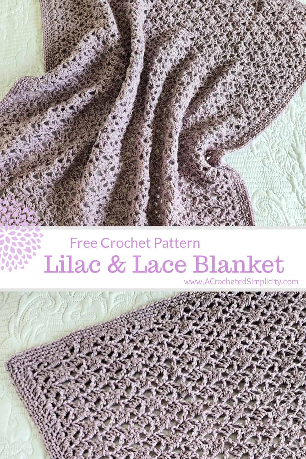 Dusty purple crochet lace blanket laying on a white bedspread.