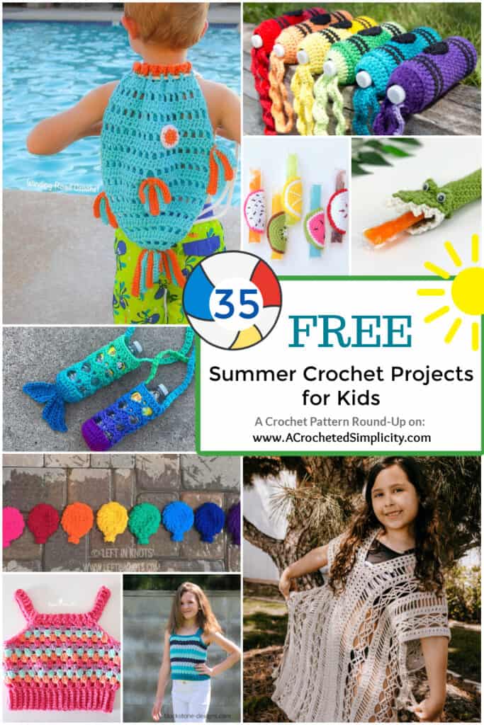 Summer crochet projects for kids including water bottle holders and crochet sunhat.
