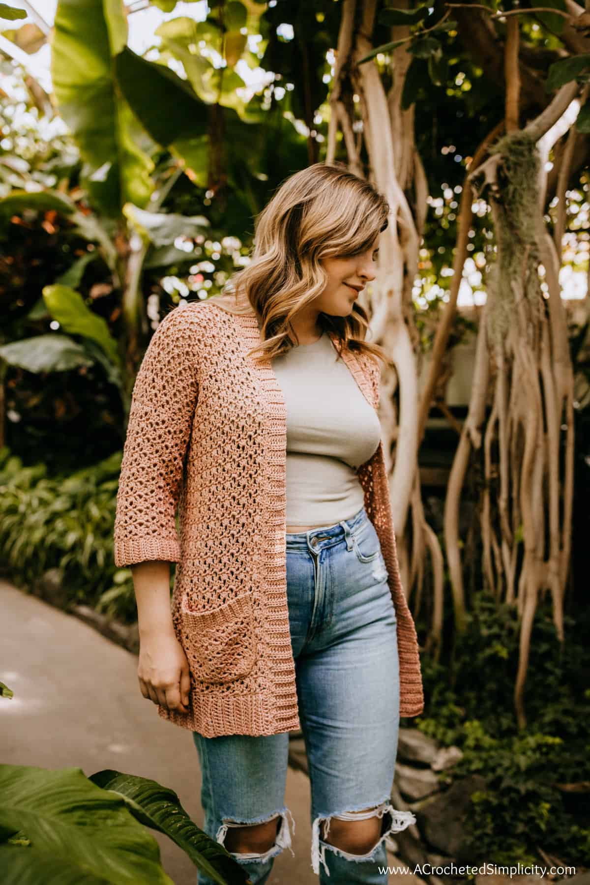 Woman wearing a lightweight summer cardigan.