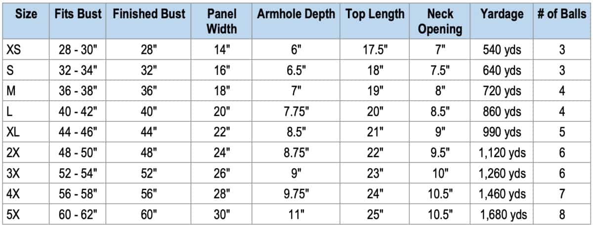 Size chart for crochet summer top.