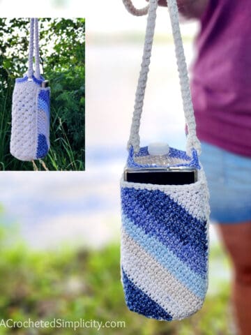 Photo within a photo showing the front and side view of a crochet water bottle holder with phone pocket.