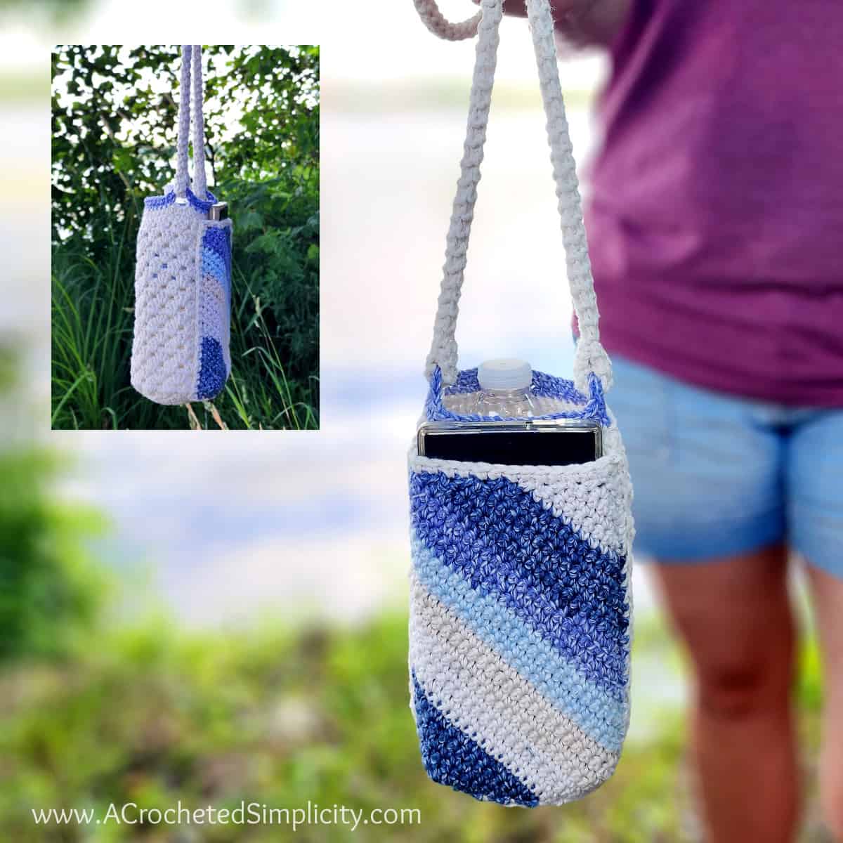 Photo within a photo showing the front and side view of a crochet water bottle holder with phone pocket.