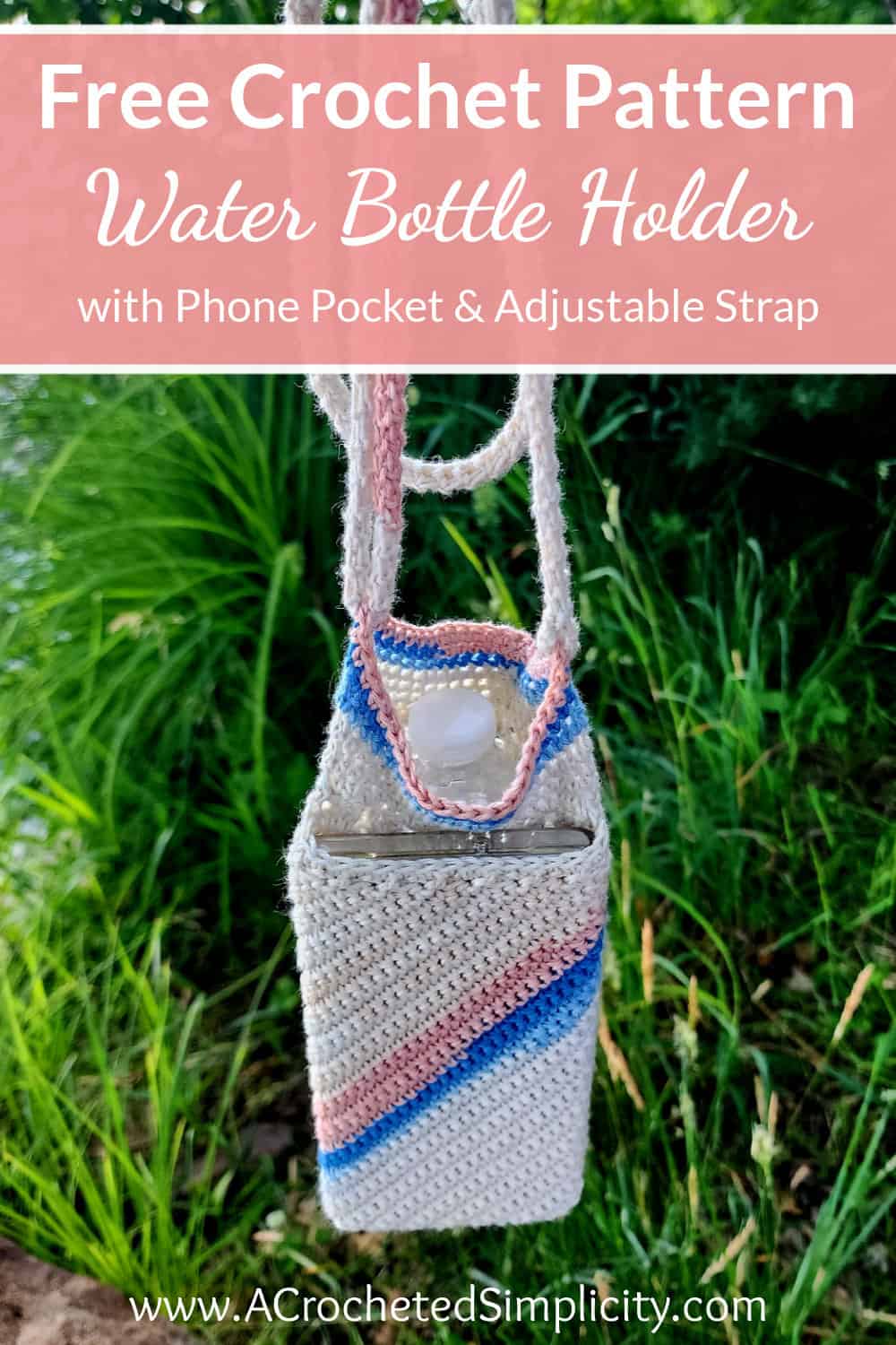 Crochet Water Bottle Holder with Phone Pocket & Adjustable Strap A