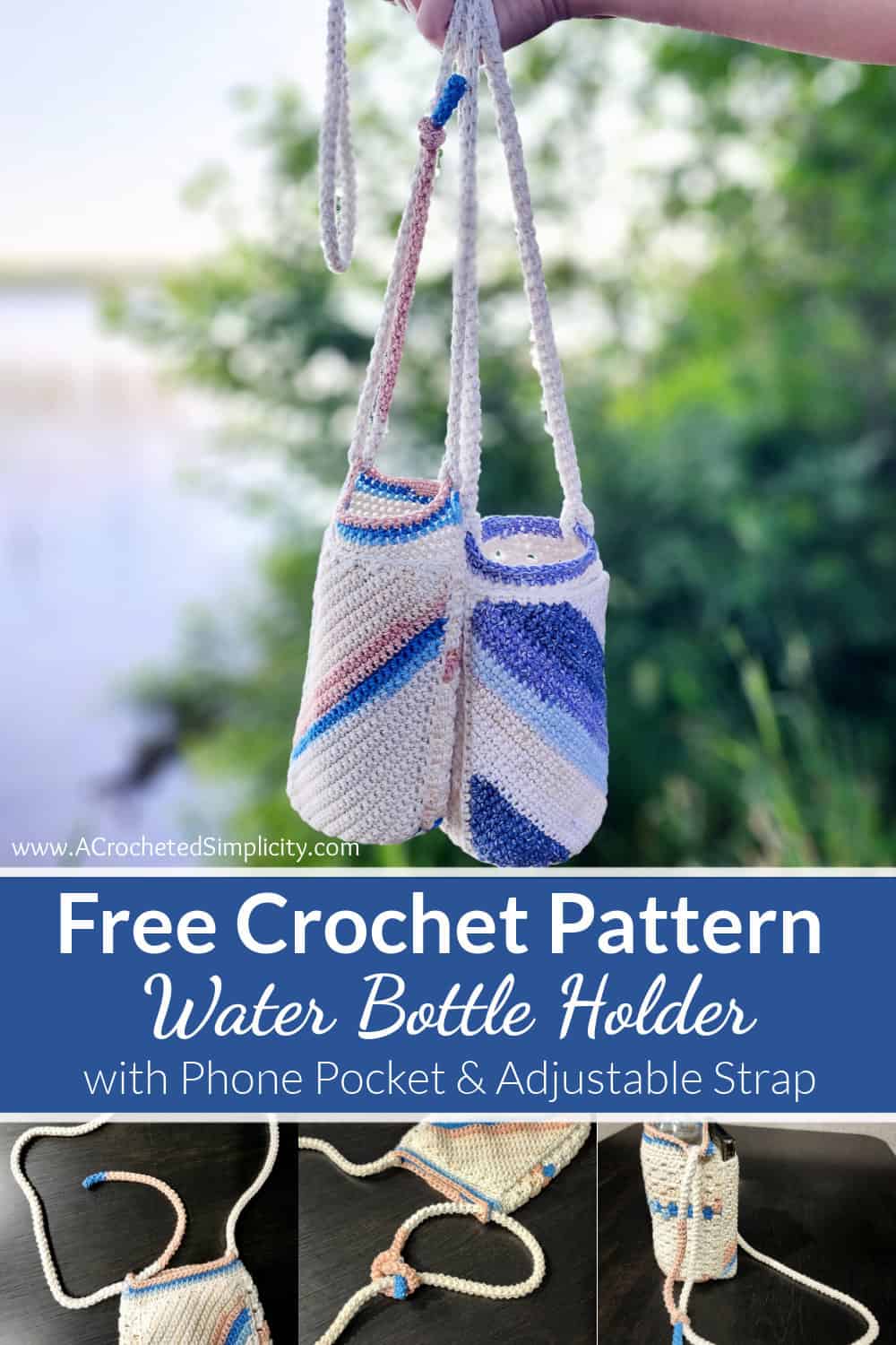Crochet Water Bottle Holder with Phone Pocket & Adjustable Strap A