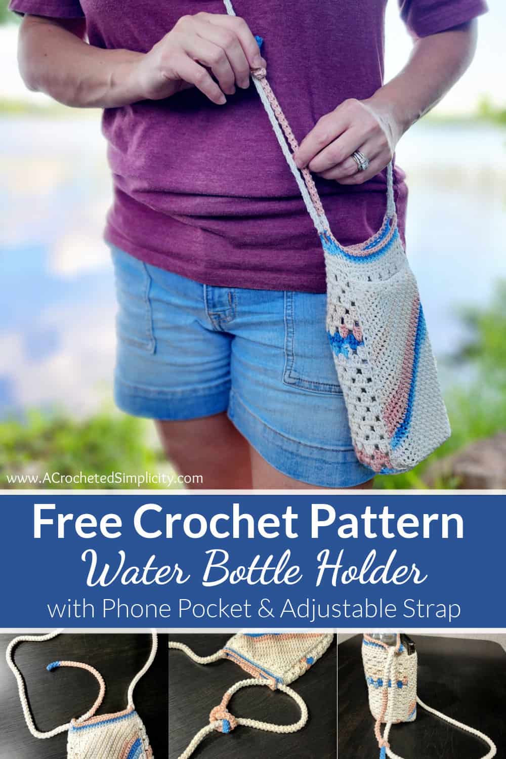 Crochet Water Bottle Holder with Phone Pocket & Adjustable Strap - A ...
