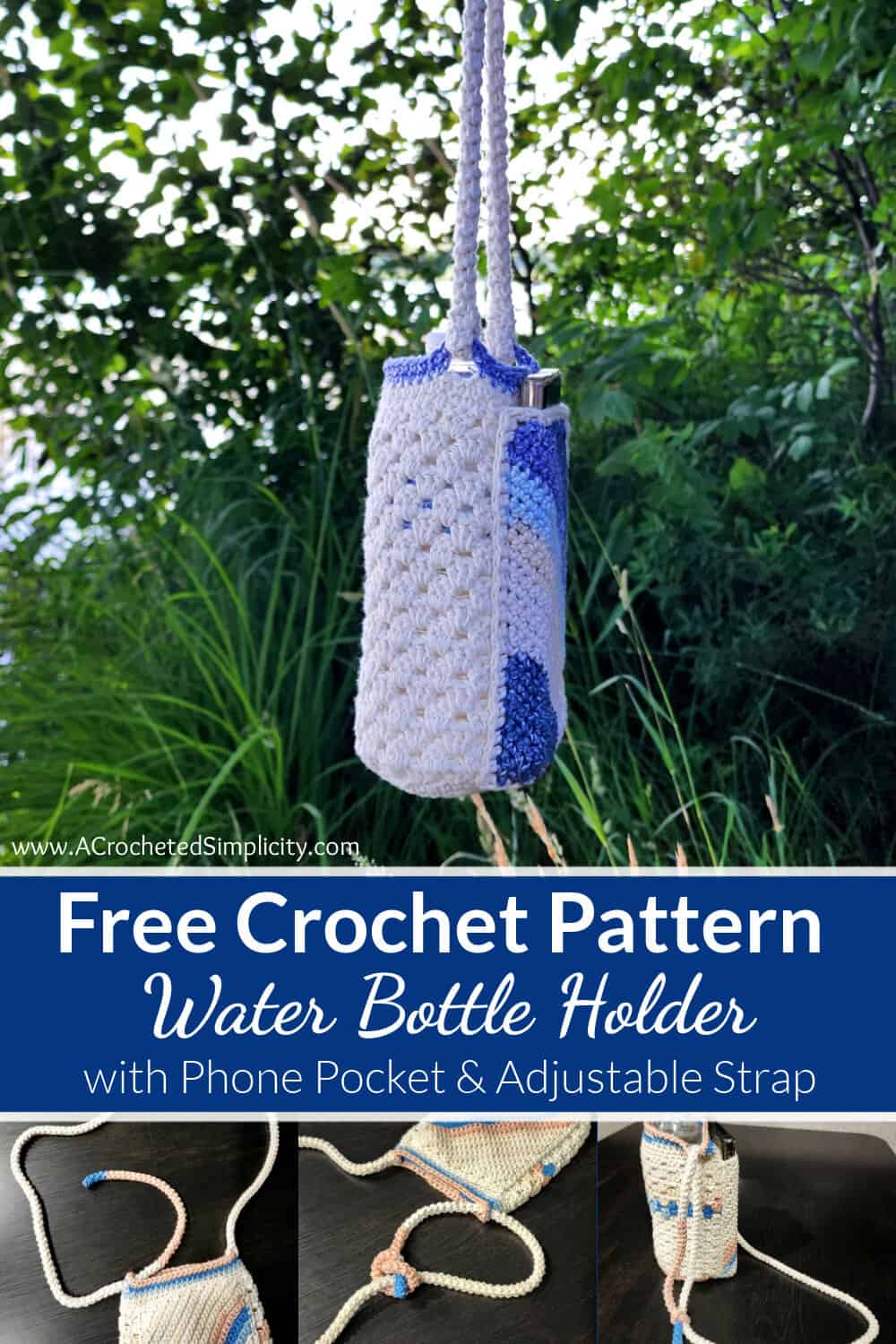 Crochet Water Bottle Holder with Phone Pocket & Adjustable Strap - A ...