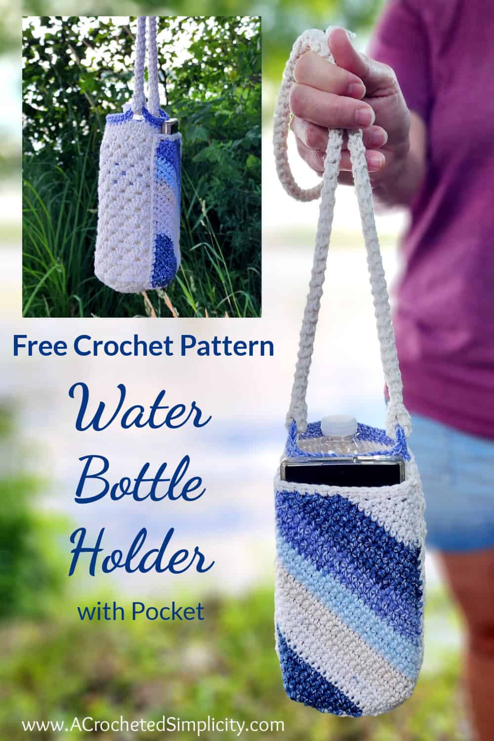 Woman holding and showing the front view of crochet water bottle holders with a pocket for cell phones.