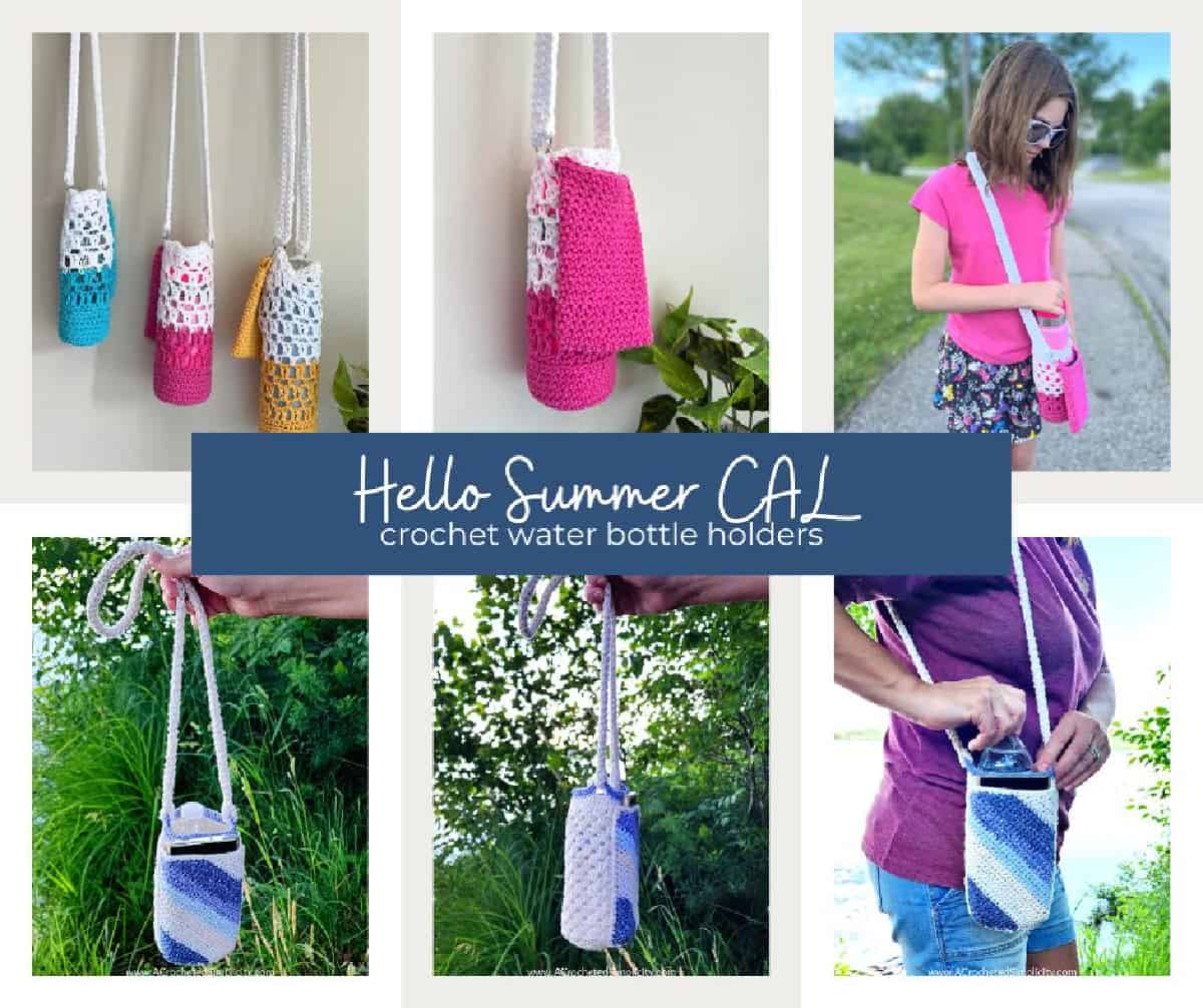 This photo collage shows two different crochet water bottle holders with phone pockets for the hello summer crochet along.