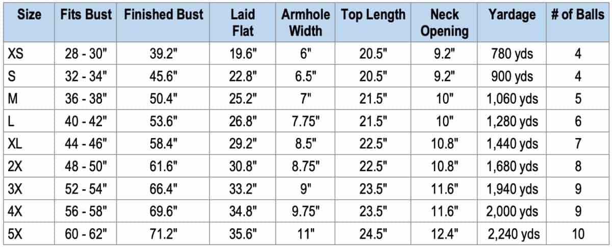 Honeycomb Mesh Crochet Top Size and Yardage Chart