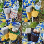 Photo collage of 3 different versions of the crochet beach chair caddy: pineapple, granny stitch, and thin blue line.