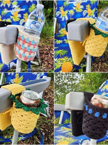 Photo collage of 3 different versions of the crochet beach chair caddy: pineapple, granny stitch, and thin blue line.