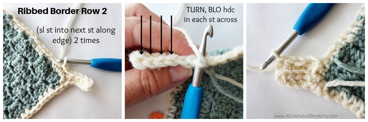 Turn your crochet then BLO hdc in each stitch across.