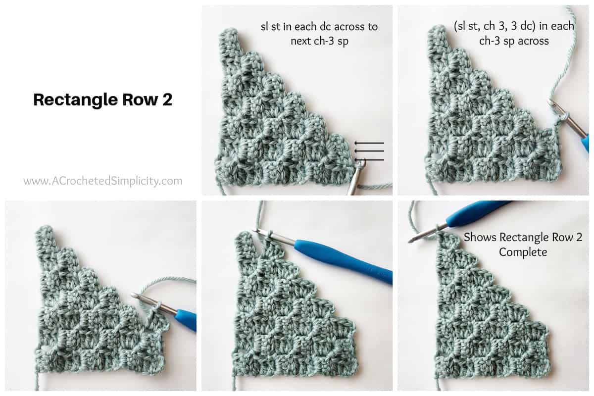 Corner to corner crochet diagonal box stitch tutorial photo collage 1.