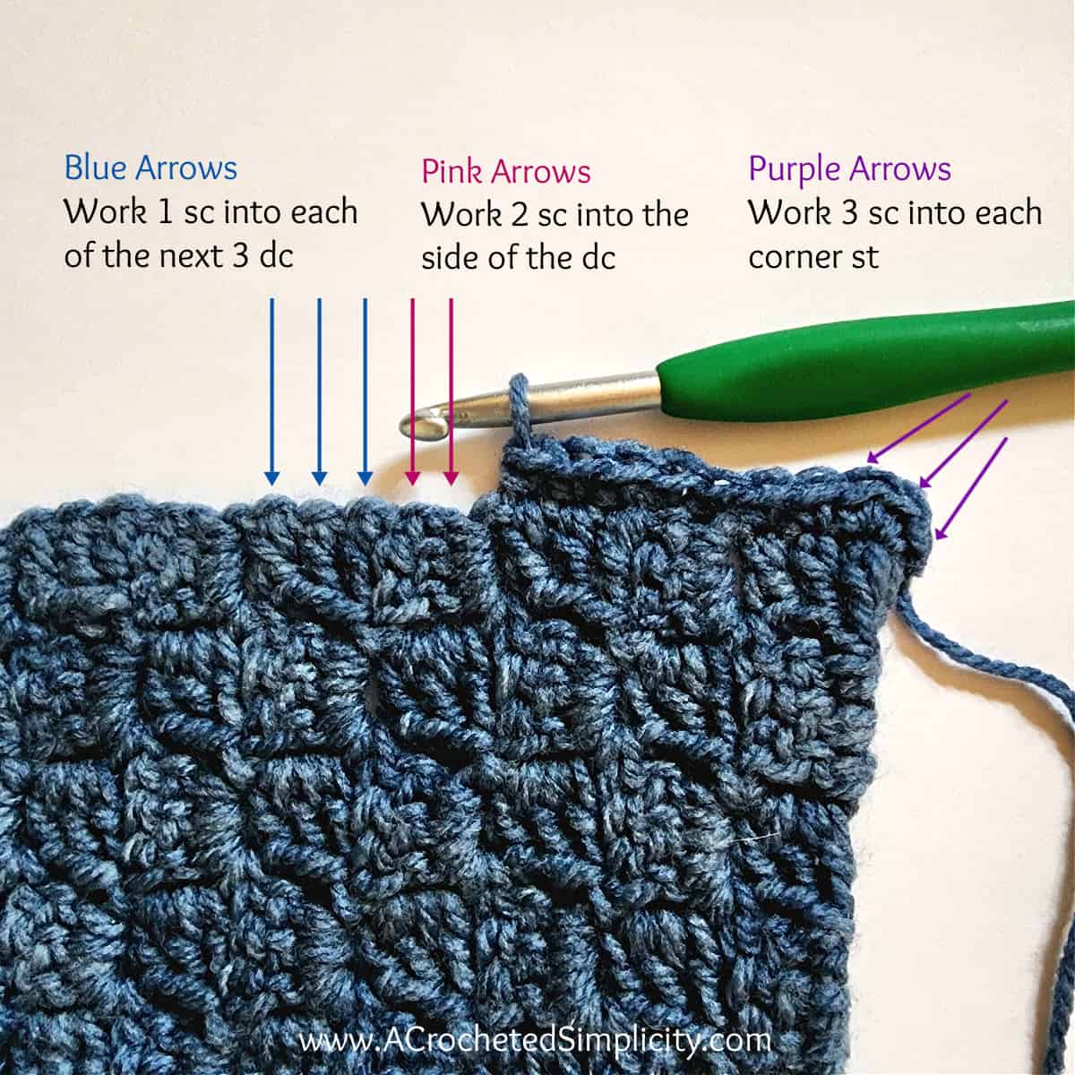 C2C diagonal box stitch edging tutorial with colored text.