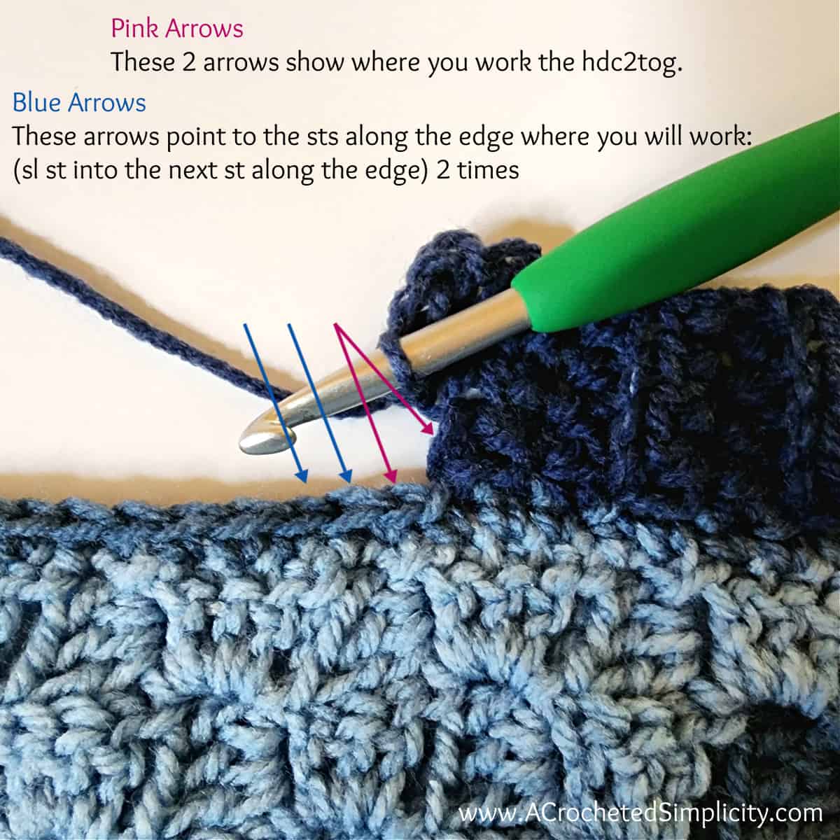 Corner to corner diagonal box stitch ribbed border tutorial with colored text.