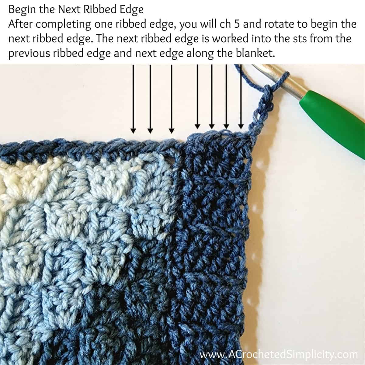 Crochet corner to corner diagonal box stitch ribbed border tutorial with text.