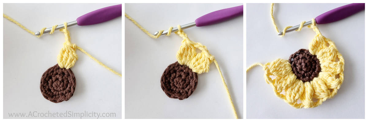 Step by step photo tutorial for crochet sunflower petal.